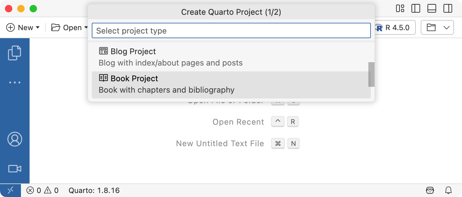 Create Quarto Project prompt in Positron, with Book Project selected in the project type list.