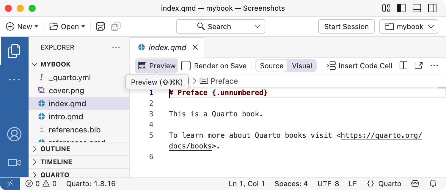 The new book project open in Positron, with index.qmd in the editor and the Preview button in the editor toolbar highlighted.