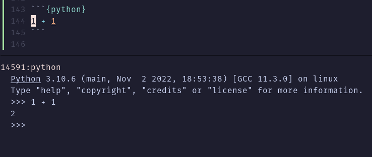 Neovim split showing a Python code cell with 1 + 1 in the qmd file above, and below it a terminal running a Python REPL that received the code and printed the result, 2.