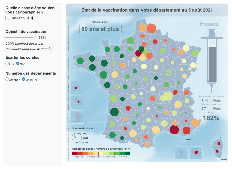 A sidebar panel on the left with a dropdown, a slider, and two sets of radio buttons. A map of vaccination rates in France fills the main area to the right.