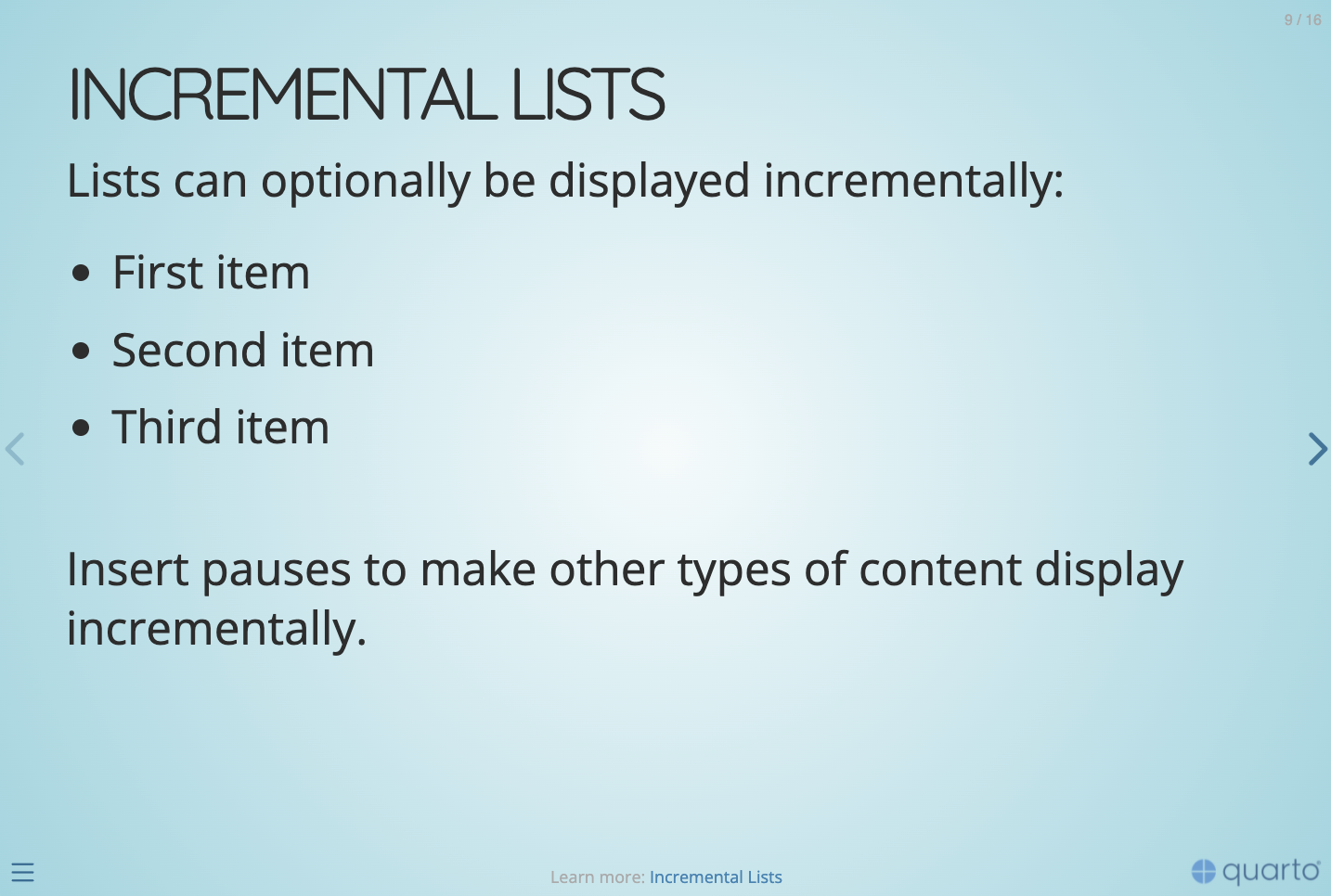 The same slide rendered in the Sky theme: dark text on a light blue gradient background.