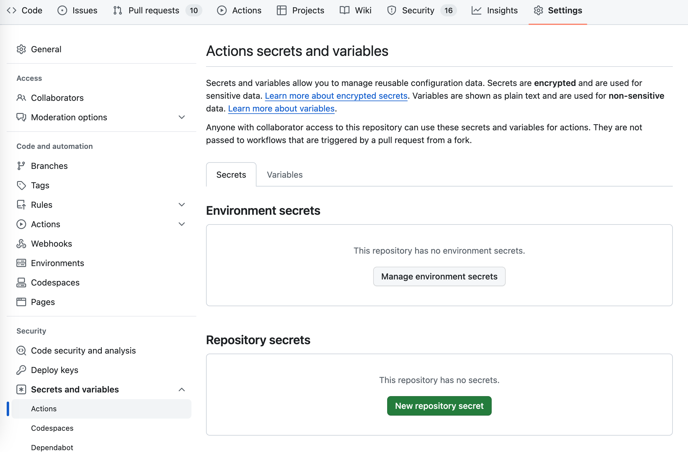 The GitHub repository's Settings page, on the Secrets and variables > Actions view, showing the New repository secret button in the Repository secrets section.