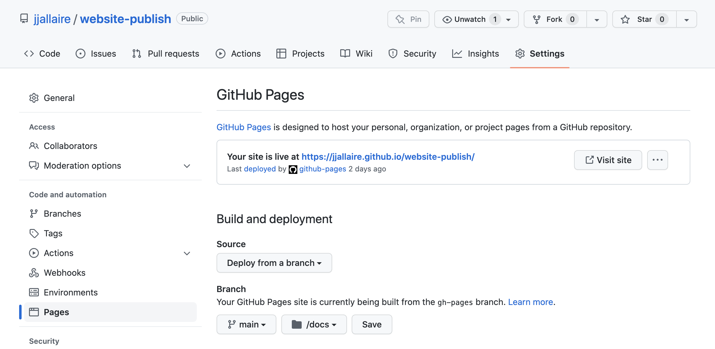 GitHub Pages settings with Source set to Deploy from a branch, branch set to main, and folder set to /docs, next to a Save button.