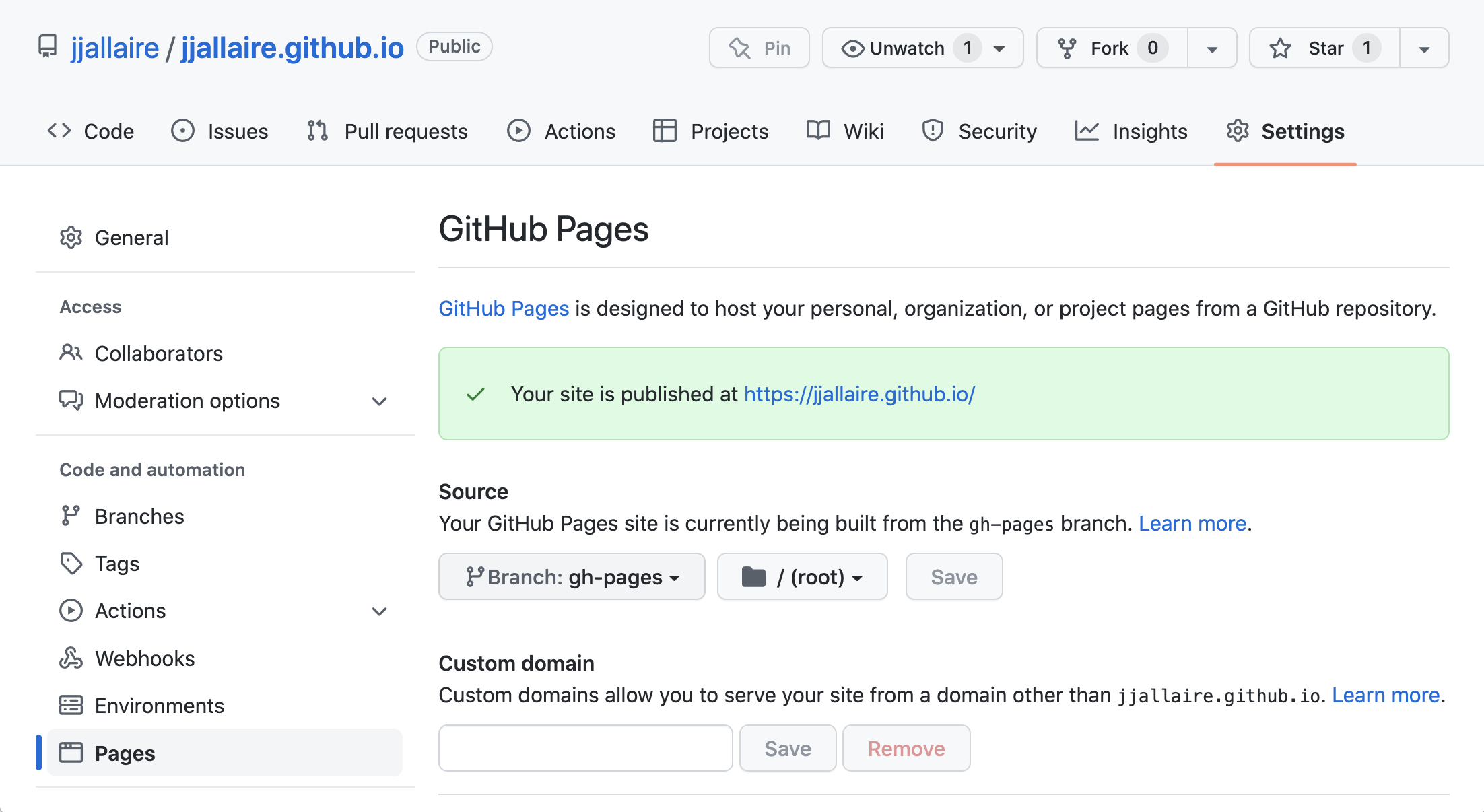 GitHub Pages settings with the Source branch dropdown set to gh-pages and the folder set to /(root).