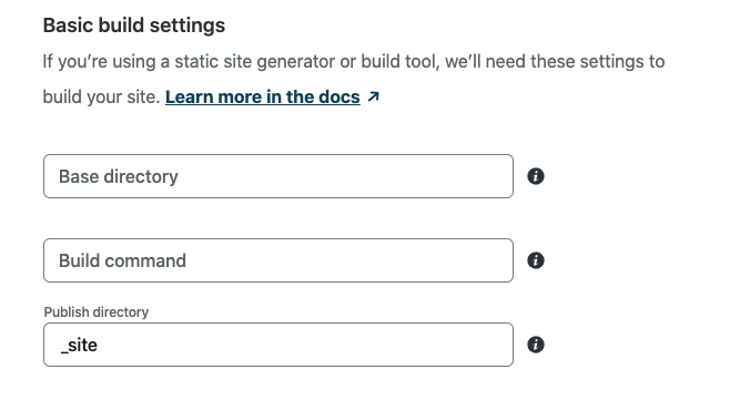 Basic build settings with an empty Build command field and _site entered in the Publish directory field.