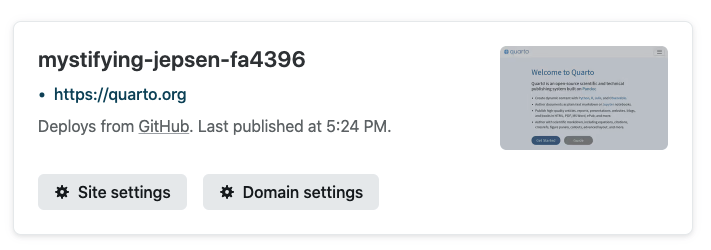 Netlify site card with Site settings and Domain settings buttons.