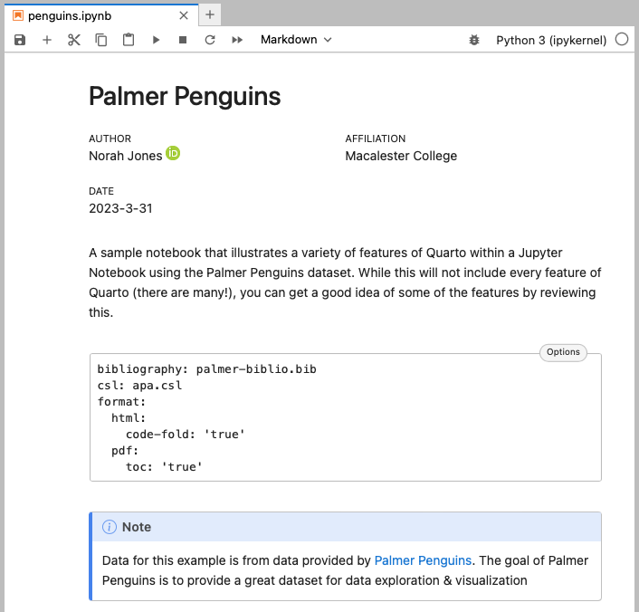 A notebook named penguins.ipynb open in JupyterLab. The Quarto markdown cells show as a rendered title block, Palmer Penguins by Norah Jones of Macalester College, followed by the YAML front matter in a box and a Note callout.
