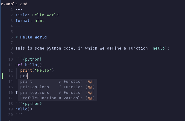 A qmd file open in Neovim. The cursor is inside a Python code cell after the letters pri. A completion menu lists print, printoptions, and ProfileFunction, and each entry is marked with an otter icon.