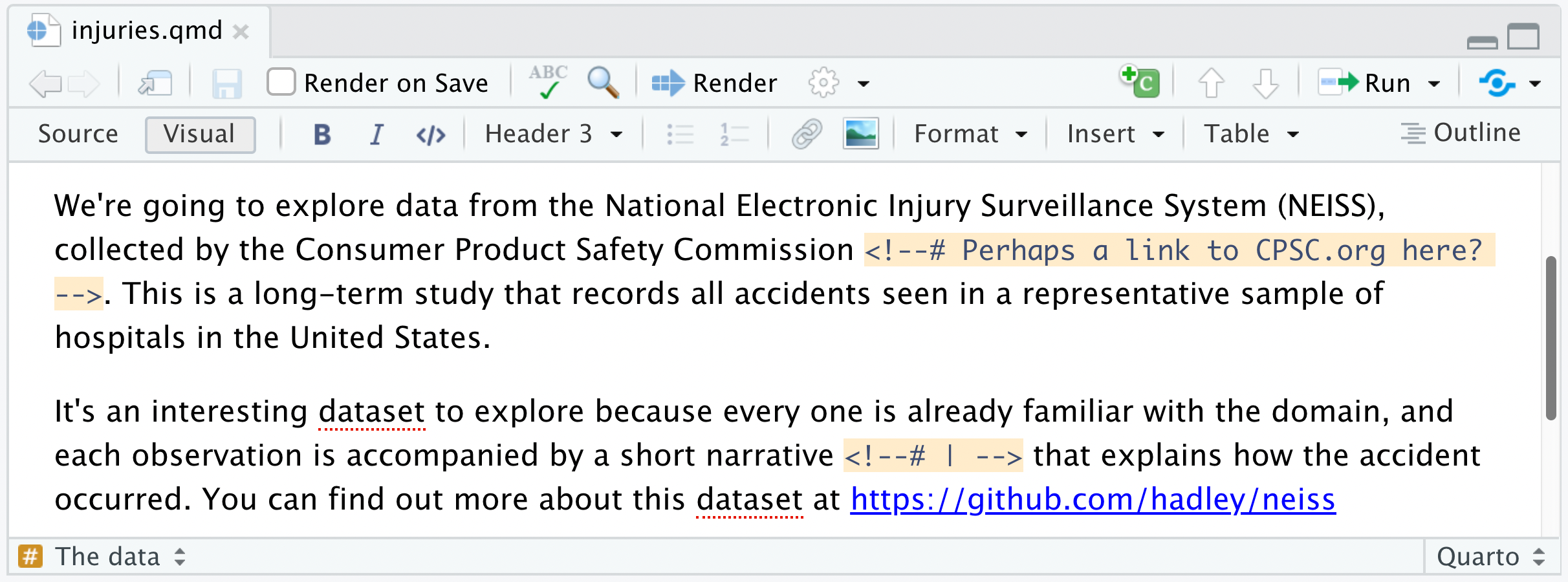 Two HTML comments highlighted with a peach background: one after 'Consumer Product Safety Commission' suggesting a link, and one marking a spot mid-sentence.