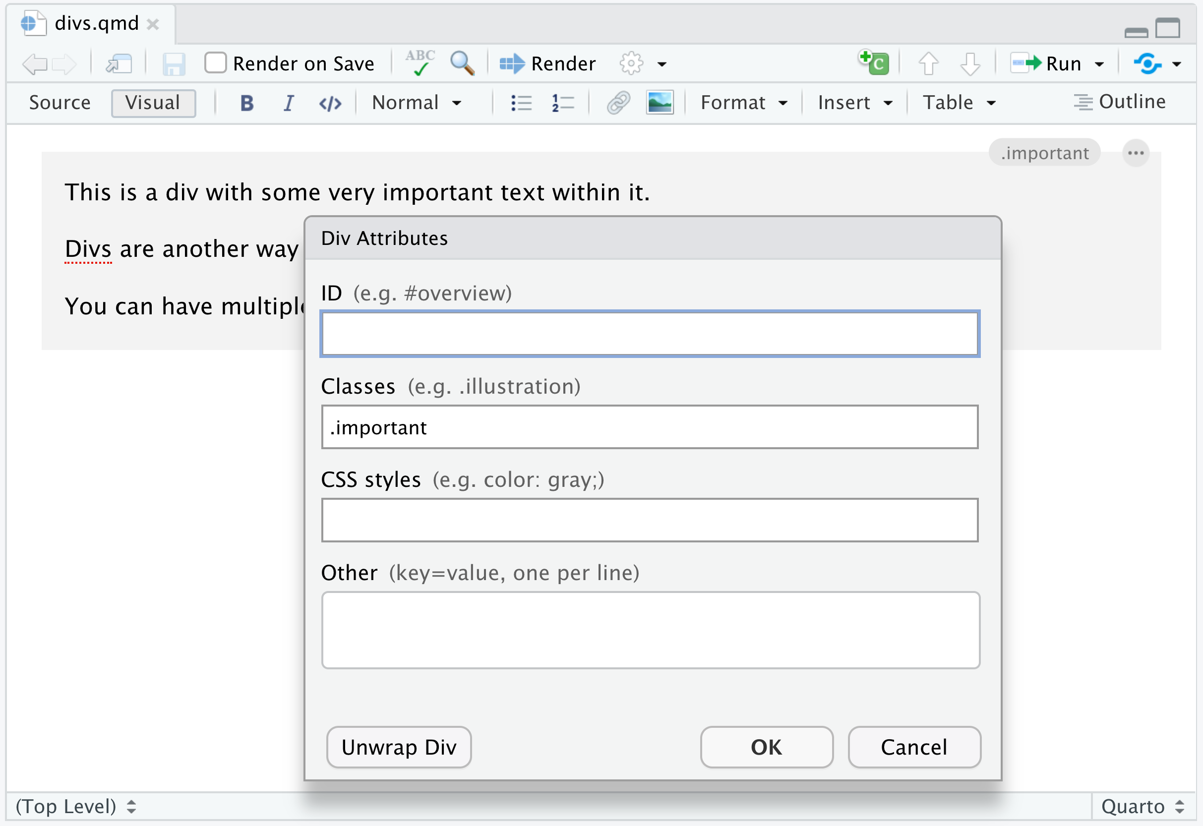 The 'Div Attributes' dialog open over a div, with '.important' entered in the Classes field.
