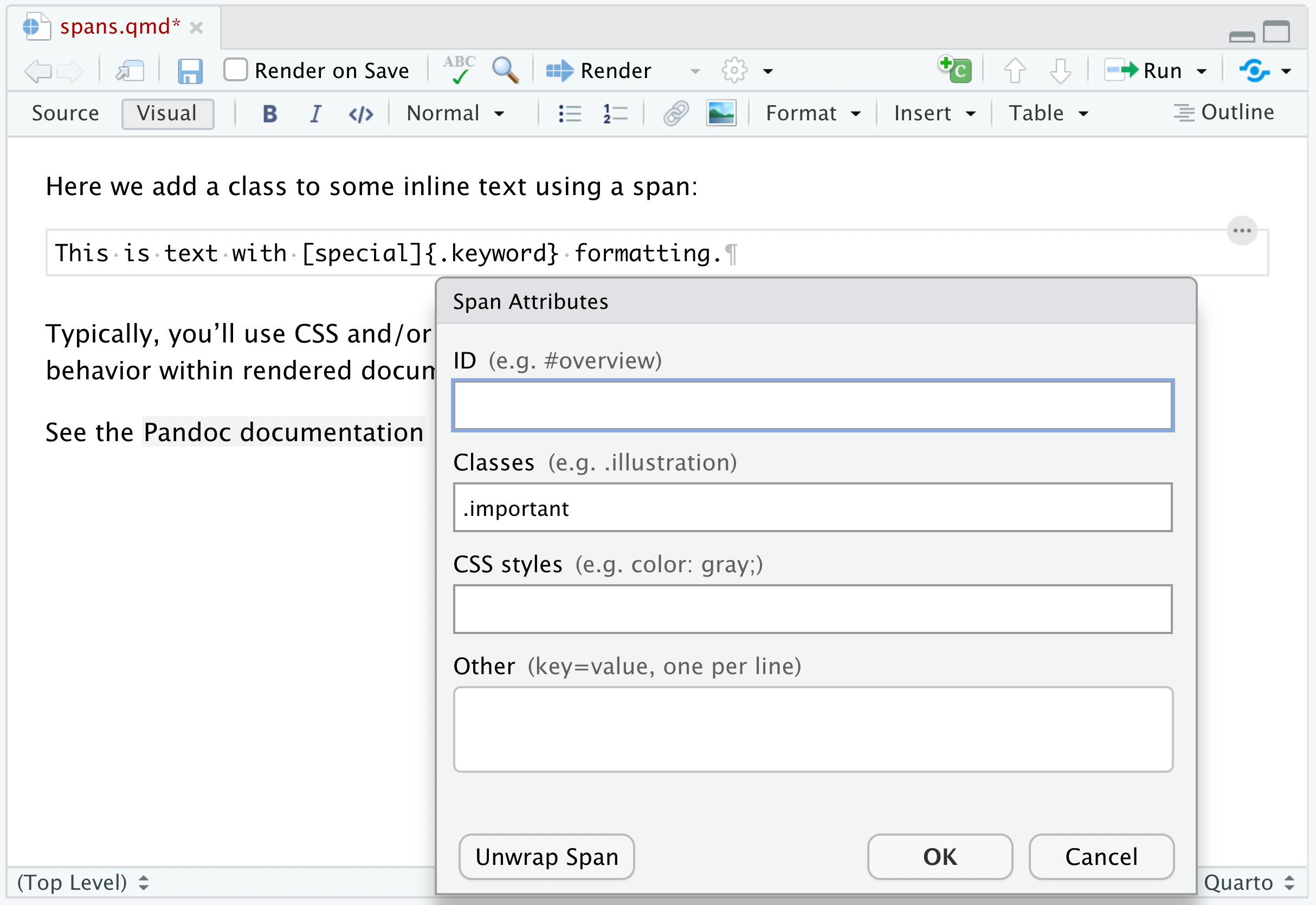 The 'Span Attributes' dialog open over a span of text, with '.important' entered in the Classes field.