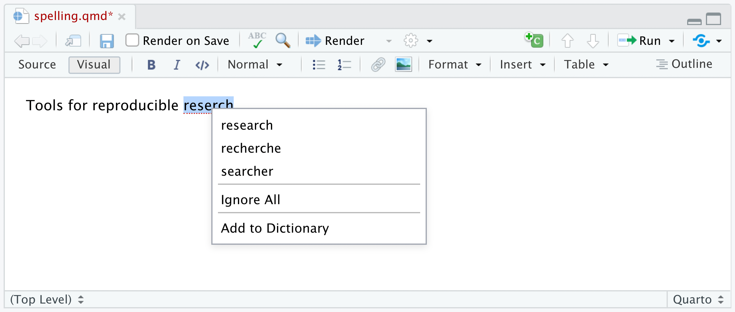 The misspelled word 'resherch' underlined in red, with a right-click menu offering spelling suggestions, plus options to ignore the word or add it to the dictionary.