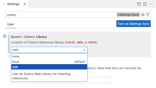 The 'Quarto > Zotero: Library' setting, with the location dropdown open and 'web' selected.