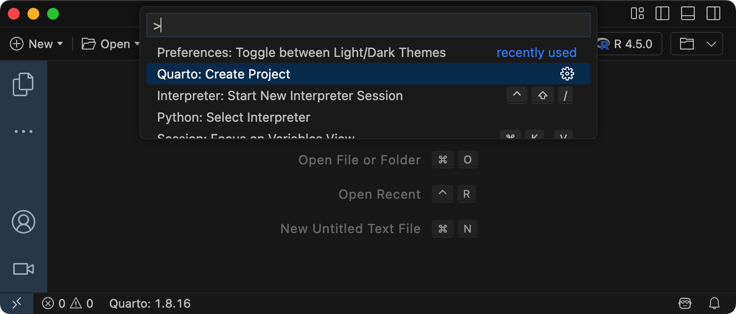 Positron command palette with Quarto: Create Project highlighted at the top of the list.