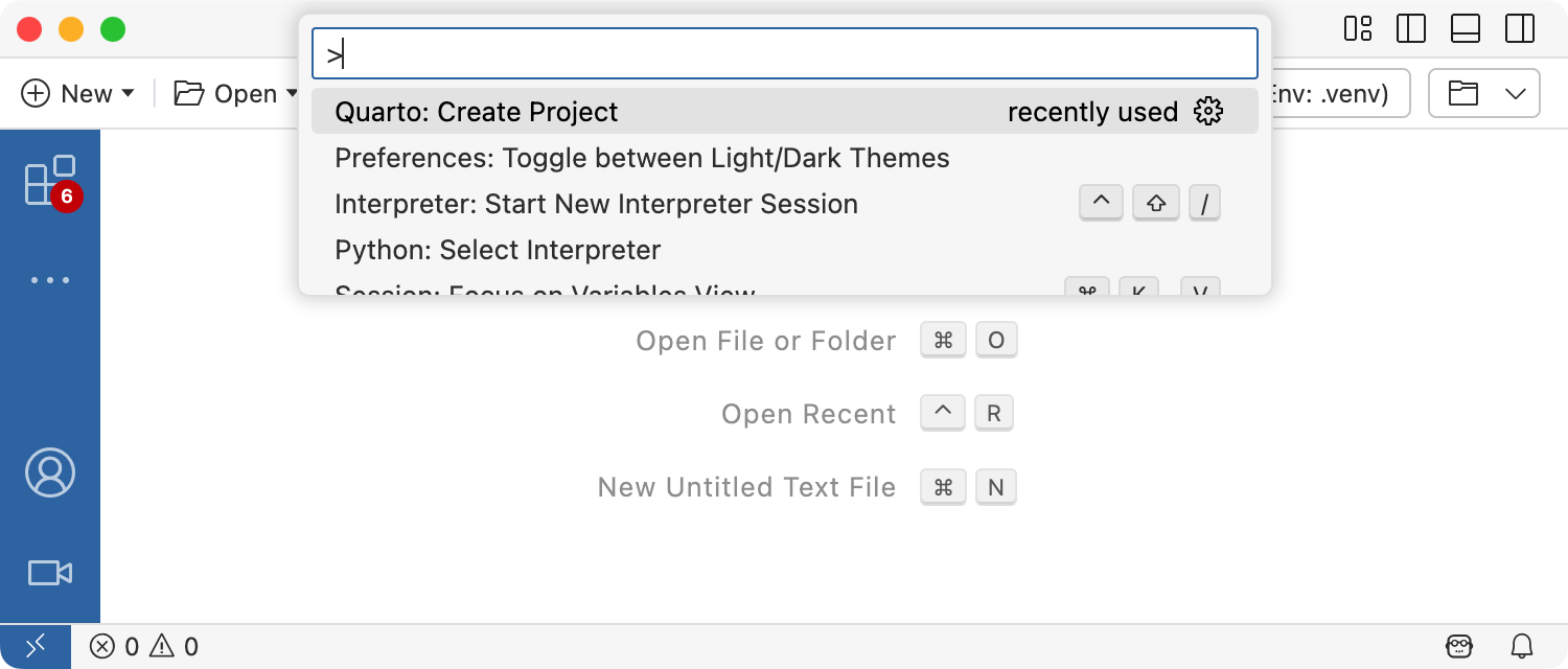 Positron command palette with Quarto: Create Project highlighted at the top of the list.