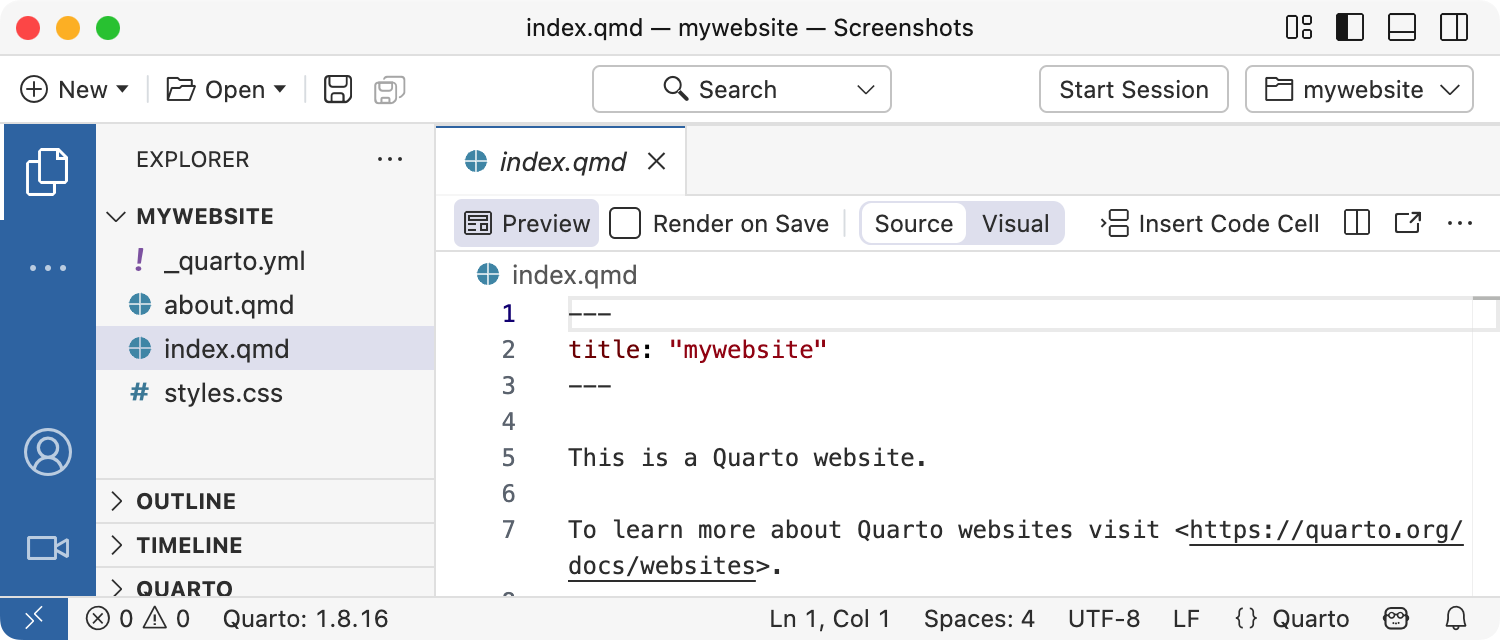 The new website project open in Positron, with index.qmd in the editor and the Preview button in the editor toolbar.