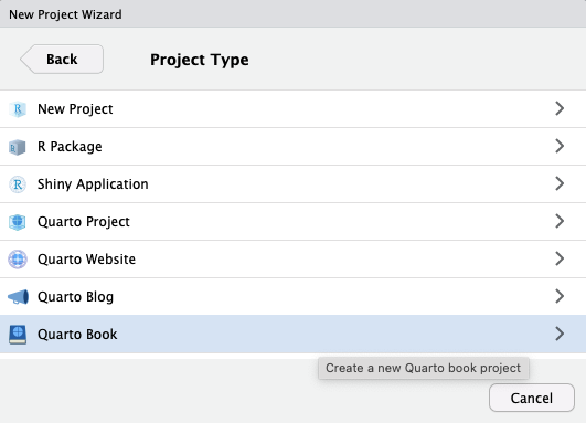 RStudio New Project Wizard, Project Type step, with Quarto Book selected.