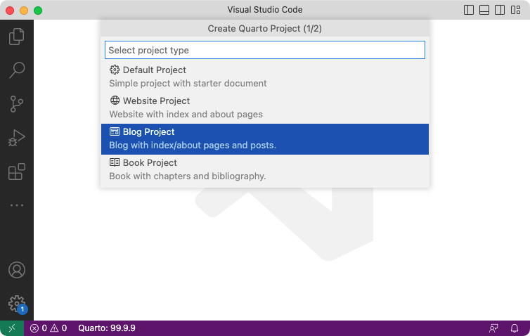 The VS Code Create Quarto Project menu with Blog Project selected.