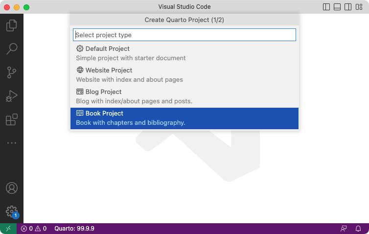 The VS Code Create Quarto Project menu with Book Project selected.