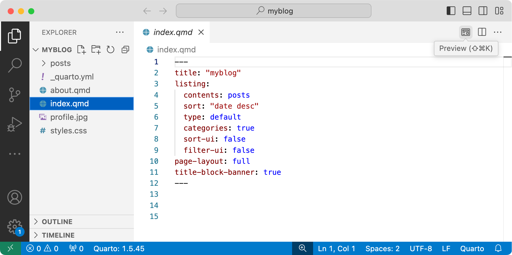 The new blog project open in VS Code, with index.qmd open in the editor. The pointer is on the Preview button in the editor toolbar.
