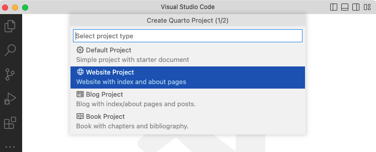 The VS Code Create Quarto Project menu with Website Project selected.